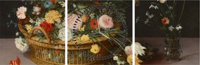 Obraz - Jan Brueghel the Elder, Flowers in a Basket and a Vase, reprodukcje (z zegarem) (90x30 cm)