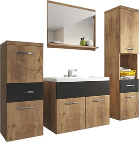 Nowoczesne meble łazienkowe, wiszący zestaw z umywalką, lustrem i słupkami, kasztan / czarny grafit mat