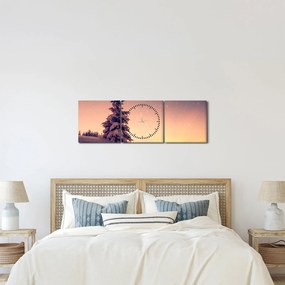 Obraz ośnieżonego drzewa na łące (z zegarem) (90x30 cm)