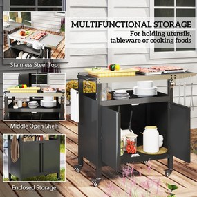 Outsunny Wózek Grillowy 3-Poziomy z Powierzchnią Roboczą Szafką Haczykami i Kołami 116x50x93cm Czarny