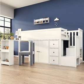 Łóżko piętrowe 90 x 200 cm z przesuwanym biurkiem, szafą i 3 szufladami - MDF - Białe (bez materaca)