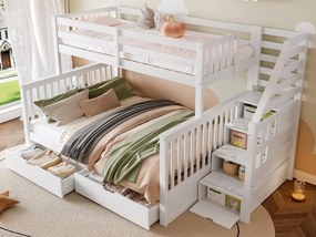 Łóżko piętrowe 90x200 + 140x200 cm - z 2 szufladami - schody z miejscem do przechowywania i barierkami bezpieczeństwa - Biały (materac nie jest w zestawie)