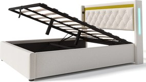 Łóżko dla dorosłych 140x200 - z zagłówkiem, USB/typu C, LED, stelażem - beżowe - materac w cenie