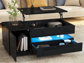 Stolik kawowy regulowany 95×50×34,5 cm - Wykończenie błyszczące - 1 szuflada i 1 drzwi - Oświetlenie LED - Czarny