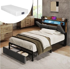 Łóżko dziecięce 90 x 200 cm z szufladą i zagłówkiem - USB + Typ C + LED - Pościel - Szare + Materac