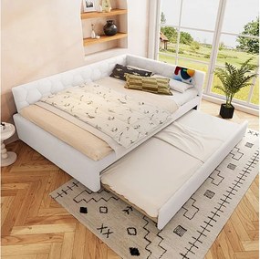 Pufa łóżkowa nest 140 x 200 cm z białego weluru - z lampką nocną i USB + typ C