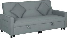 HOMCOM Sofa rozkładana, regulowana 3-osobowa kanapa z funkcją spania, wysuwane łóżko, poduszki, szara