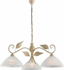 Żyrandol z żelaza w kolorze kości słoniowej, dekor stare złoto, klosze alabastrowe Ø30 cm, 3 światła, Ø79 cm