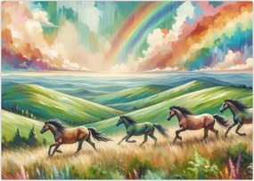 Obraz na szkle – Konie galopujące przez krajobraz (70x50 cm)