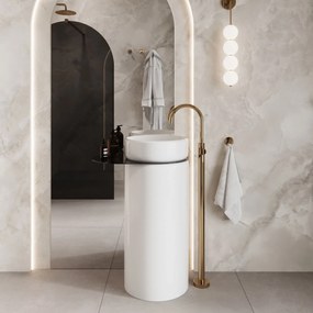 Umywalka z konglomeratu wolnostojąca okrągła z półką szklaną 85 x 40 cm RONA bez przelewu | Różne kolory półki : Kolor szkła - Czarny, Kolor umywalki RONA - Biały połysk, Półka - Szklana