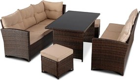 Zestaw Mebli Ogrodowych DALLAS Brązowy/Beżowy Narożnik Pufy Stolik Tarasowy Technorattan Nowoczesny