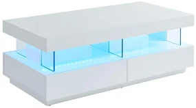 Stolik kawowy FABIO - Płyta MDF lakierowana na biało - Diody LED - 2 szuflady i 2 wnęki