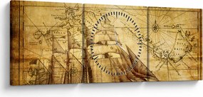 Obraz - Stara mapa (z zegarem) (90x30 cm)