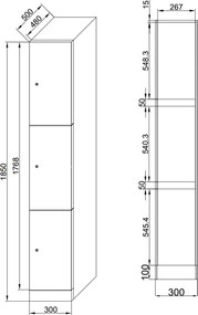 Szafka skrytkowa S1, 3 schowki, 1850 x 300 x 500 mm, zamek cylindryczny, drzwi laminowane, dąb naturalny