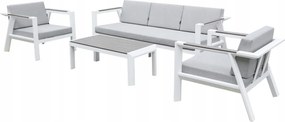Zestaw mebli ogrodowych biały aluminium sofa fotele stolik drewniane detale