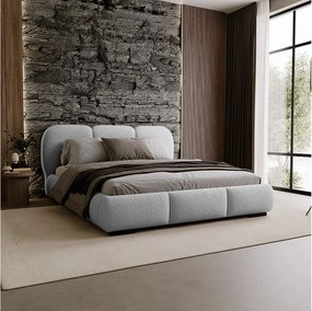 BESILIO Łóżko z pojemnikiem i stelażem 140x200 Holi- łóżko podwójne tapicerowane, tkanina boucle, baranek - Jasnoszary