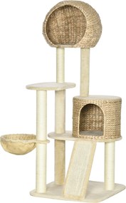 PawHut Drapacz dla Kota z Domkiem Platformy Hamak Mata do Drapania Zabezpieczenie Przeciwpadaniowe Beżowy 60x60x150cm | Aosom PL