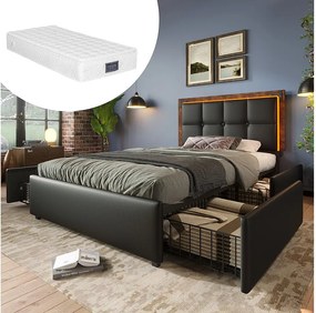 Łóżko dla dzieci 90x200 cm - z regulowanym zagłówkiem, oświetleniem LED, 4 szuflady - czarne - materac w zestawie