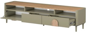 Szafka RTV Amilio 200 cm z szufladami na nóżkach - eukaliptus / dąb baltic dune / uchwyty dąb naturalny