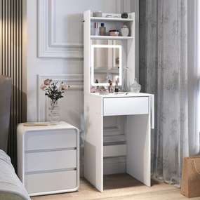 HOMCOM Kompaktowa toaletka z lustrem i oświetleniem LED, składany blat, otwarte półki, szuflada, MDF, Biała