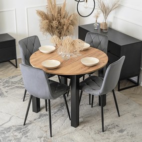 Zestaw Stół Okrągły Rozkładany HARRY 102-142 cm Dąb Craft/Czarny i 4 Krzesła Tapicerowane ROBIN Szare Nowoczesne