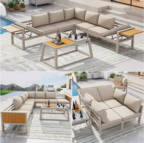 Zestaw mebli ogrodowych - z poduszkami + stolik + sofa z regulowanym oparciem i składanymi podłokietnikami - metalowy - beżowy