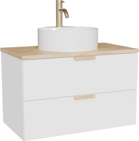 Wisząca szafka łazienkowa z okrągłą umywalką nablatową i baterią – Biała – S80 cm – AVORELI