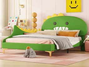 Łóżko tapicerowane 140 x 200 cm z zagłówkiem w kształcie dinozaura, skóra ekologiczna, stelaż z listew, kolor zielony