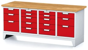 Stół warsztatowy MECHANIC, 2000x685x880 mm, 2x 5 szufladowy kontener, 2x 3 szufladowy kontener, szary/czerwony