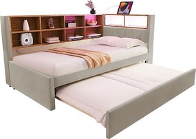 Kanapa rozkładana 90x200 - z łóżkiem wysuwanym 90x190 cm - z gniazdem USB - liczne schowki - tapicerowane łóżko - Jasnoszary (materac nie wliczony)