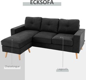 HOMCOM Narożnik L lniany styl Czarna kanapa 3-osobowa Komfortowa i stylowa Tapicerka tkaninowa 193x136x85 cm | Aosom PL