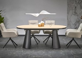 Nowoczesny rozkładany stół owalny Heksagon 180-230/100 cm z blatem MDF w kolorze dębu na czarnych metalowych nogach