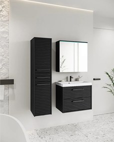 Nowoczesne meble łazienkowe, zestaw wiszący z umywalką, lustrem i słupkiem, fronty MDF fala, czarny mat