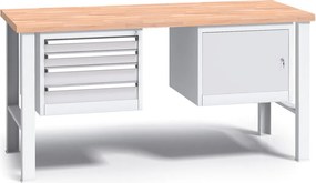 Profesjonalny stół warsztatowy G3 z drewnianym blatem roboczym, 1700 mm, 1x 4 szufladowy kontener, 1x szafka, szary