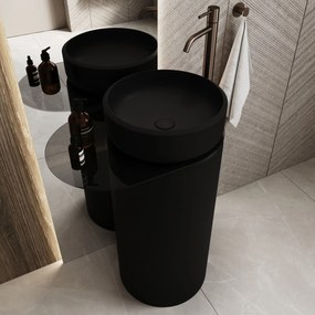 Umywalka wolnostojąca okrągła cała czarna matowa RONA Black Matt 85 x 40 cm : Kolor szkła - Grafitowy, Model umywalki RONA - Z półką , Podłączenie syfonu - Do ściany