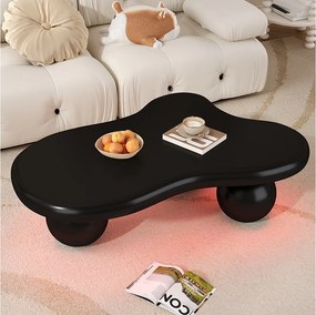 Czarny stolik kawowy - Stolik kawowy z oświetleniem LED i czarnymi okrągłymi nogami - wzór w kształcie chmurki - do salonu i pokoju dziecięcego