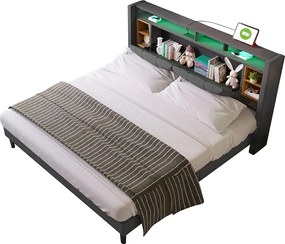 Łóżko podwójne tapicerowane 140x200cm z lnem z LED i portem ładowania USB - stelaż na listwy - Szary