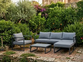 Zestaw Mebli Ogrodowych (Duża 3os. sofa, fotel, pufa i stolik) MOSTRARE szary, aluminium + detale polywood