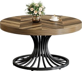 Okrągły drewniany stolik kawowy, 80 cm okrągły stolik kawowy z metalową podstawą, wyjątkowy industrialny stolik kawowy, rustykalny brąz i czerń