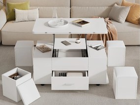 Stół kawowy regulowany na wysokość 100x50x45cm - wielofunkcyjny 4 w 1 - z 1 szufladą - z 4 taboretami - biały