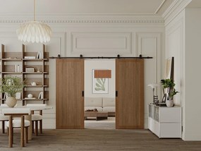 Drzwi przesuwne naścienne podwójne z MDF i drewna naturalny ciemny - 2 x wys. 205 x szer. 73 cm - SANDORA