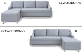 Narożnik rozkładany do salonu Notting Hill, z pojemnikami na pościel. Tkanina Matt Velvet odporna na wchłanianie płynów, kolor beżowy, błękitny, z kedrą.