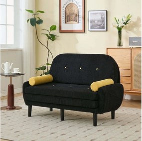 Sofa 2-osobowa czarna - Prosta sofa z bocznymi kieszeniami i 2 okrągłymi poduszkami - sztruks