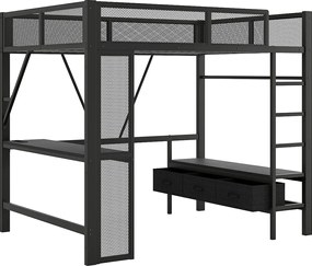 Łóżko piętrowe 140x200 cm, łóżko młodzieżowe z USB i oświetleniem LED, 3 szufladami i biurkiem - czarne (bez materaca)