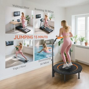 HOMCOM Trampolina Fitnessowa, Składana, Uchwyt Regulowany, Ø102 x 123H cm, do 100 kg, Czarna