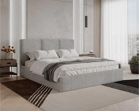 Łóżko tapicerowane 160x200 Mira boucle – łóżko z pojemnikiem na pościel i stelażem drewnianym, nowoczesne łóżko do sypialni, tkanina boucle – Jasnoszary