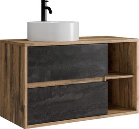 Wisząca szafka łazienkowa z okrągłą umywalką i baterią – Kolor naturalny i antracyt – 100 cm – TIKITIKI