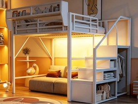 Łóżko piętrowe 140 × 200 cm - z oświetleniem LED - z drabinką bezpieczeństwa - z przestrzenią do przechowywania - biały (materac nie w zestawie)