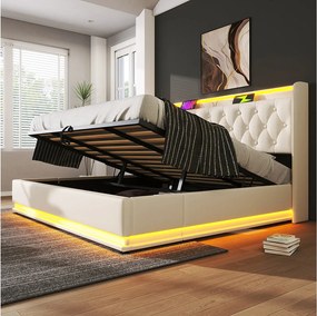 Łóżko 180x200 cm z pojemnikiem - Łóżko podwójne z oświetleniem LED i ładowaniem USB - biały poliuretan - bez materaca