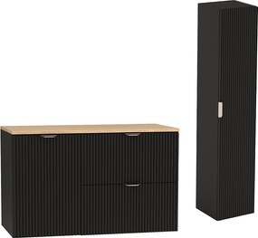 Czarny Zestaw do Łazienki 100cm Szafka Blat Orzech Szafka z Koszem Słupek Ryflowane Fronty